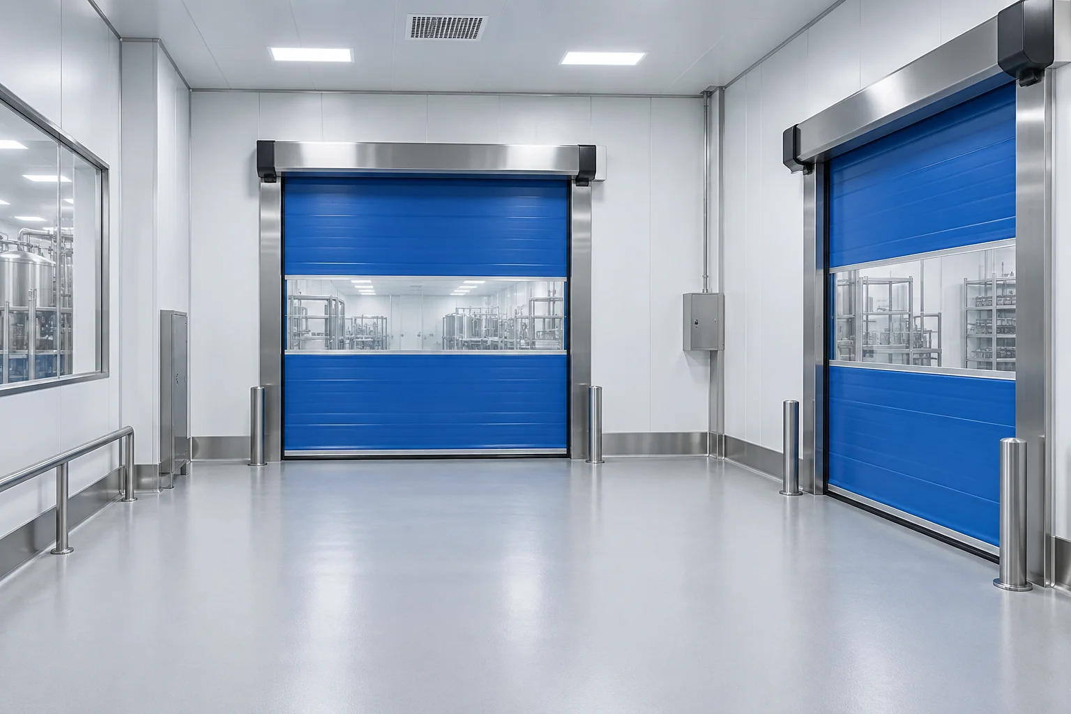 AI concept illustration of blue rapid doors in a stainless-steel clean-area airlock