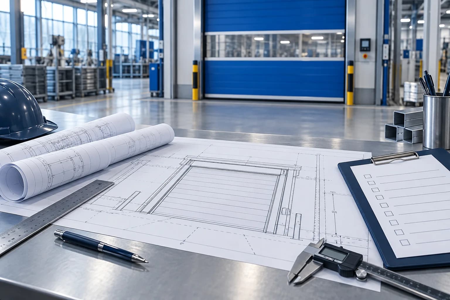 AI concept illustration of doorway drawings and inspection tools on an engineering desk