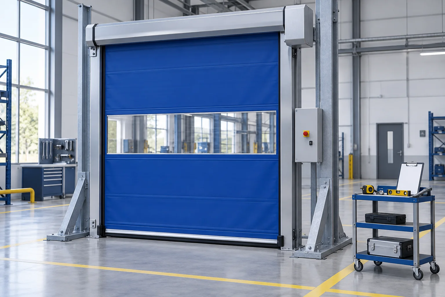 AI concept illustration of a blue rapid door in an industrial inspection bay