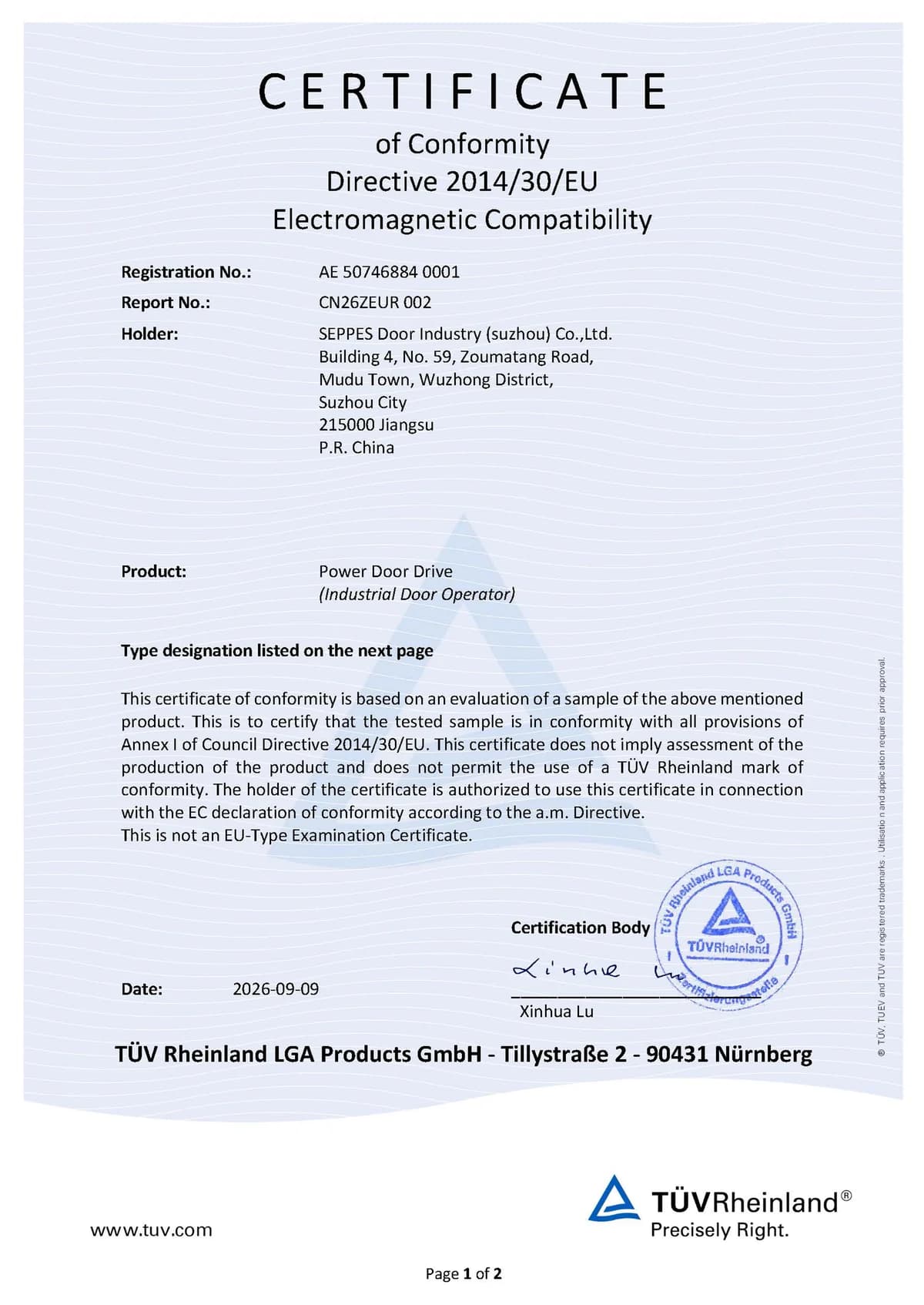 Industrial Door Operator TÜV EMC certificate