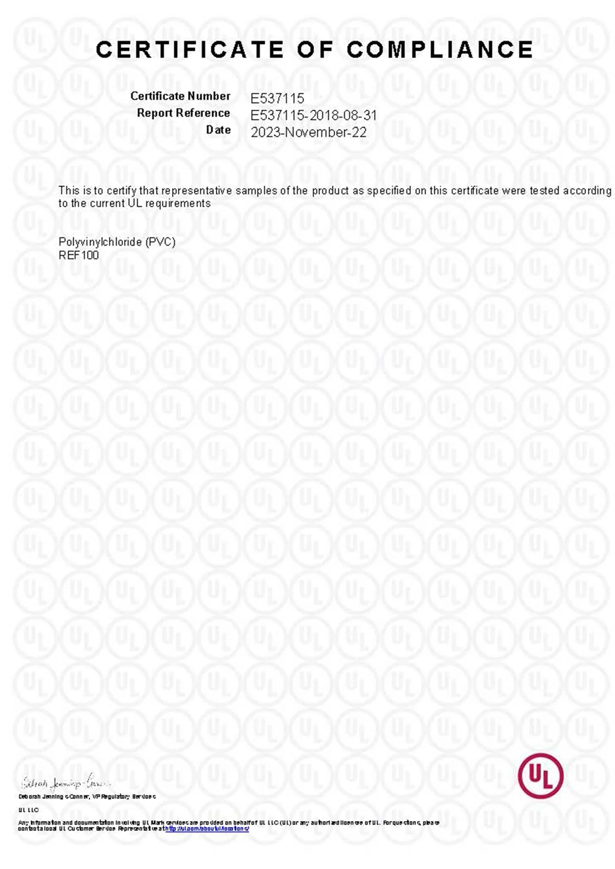 PVC Component UL Compliance certificate